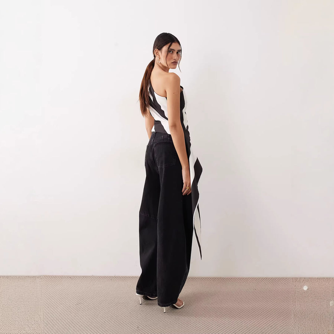 Damen asymmetrisches Wickeloberteil mit Streifenmuster Drune
