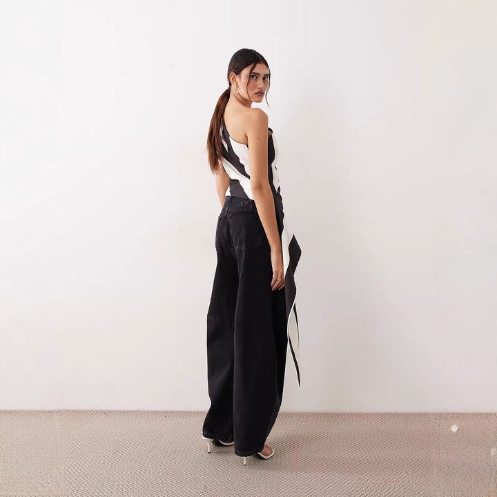 Damen asymmetrisches Wickeloberteil mit Streifenmuster Drune