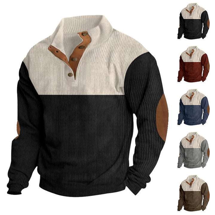 Herren nan gerippter Henley-Strickpullover mit Stehkragen Kontrastpasse und Ellbogenpatches Drune