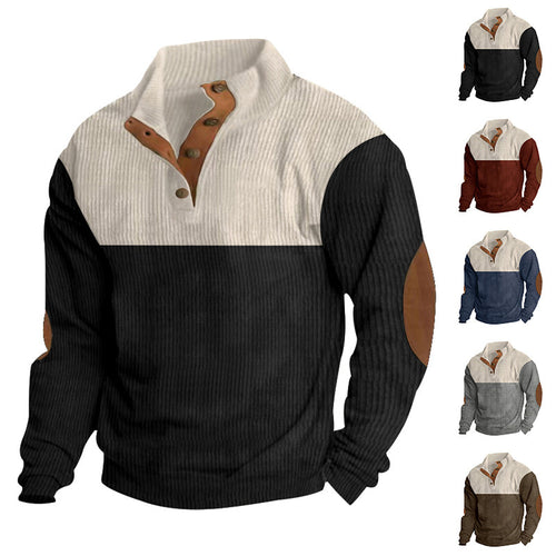 Herren nan gerippter Henley-Strickpullover mit Stehkragen Kontrastpasse und Ellbogenpatches Drune
