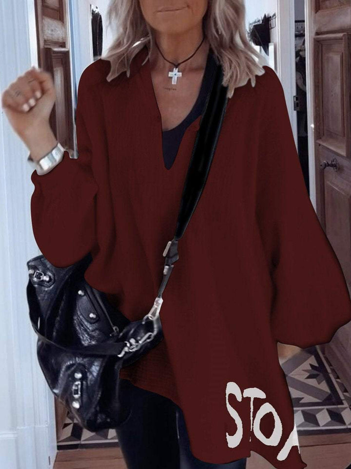 Damen Oversize-Shirt mit tiefem V-Ausschnitt und voluminösen Ärmeln Drune