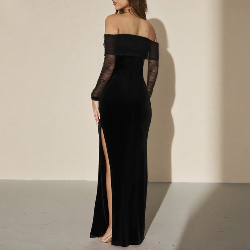 Damen schulterfreies Abendkleid mit Spitzenärmeln und langer Silhouette Drune