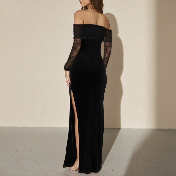 Damen schulterfreies Abendkleid mit Spitzenärmeln und langer Silhouette Drune