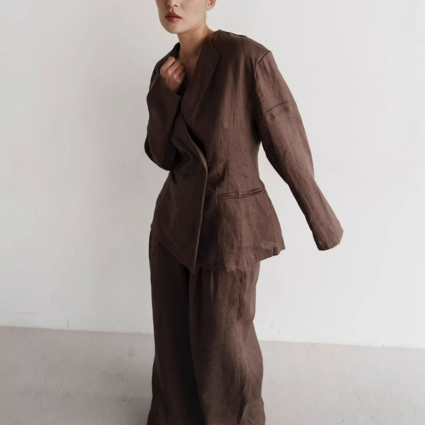 Damen elegantes Leinenanzug-Set mit langärmliger Jacke und weitem Schnitt Drune