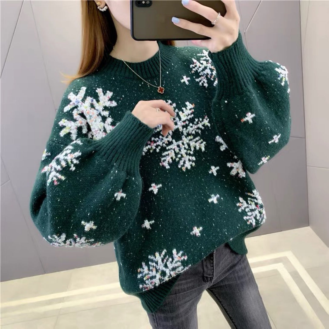 Damen Strickpullover mit Wintermotiv und Puffärmeln Drune