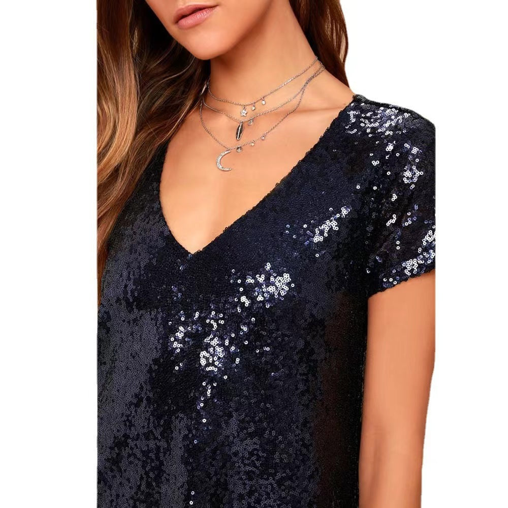 Damen Kurzarm-Pailletten-Kleid mit V-Ausschnitt Drune