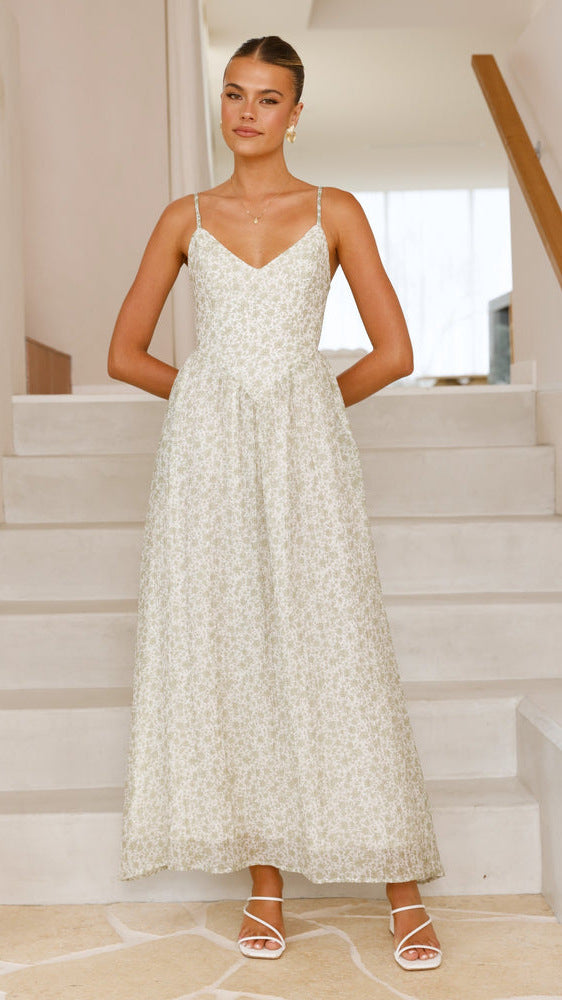 Damen Elegantes Maxikleid mit feinem floralen Muster und zarten Spaghettiträgern Drune