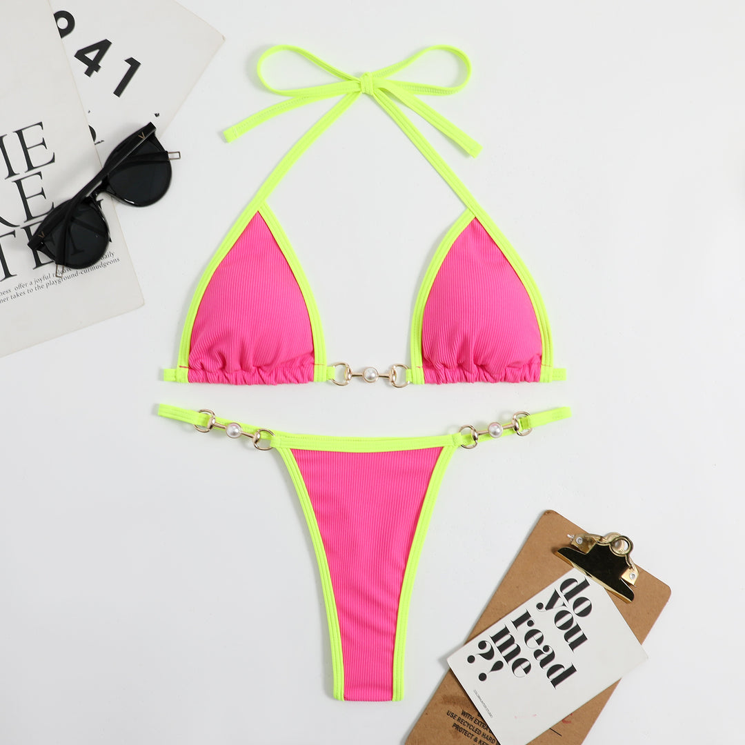 Damen Triangel-Bikini mit modischem Rippdesign und dekorativen Elementen Drune