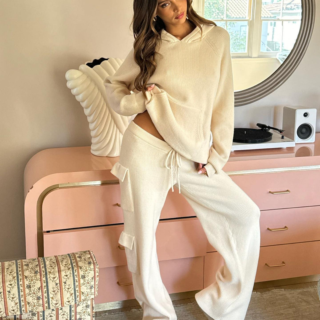 Damen nan gerippter Kapuzenpullover aus Feinstrick mit Kängurutasche und relaxed Fit Drune