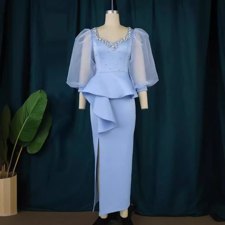 Damen Elegantes Abendkleid mit funkelnden Perlen und voluminösen Tüllärmeln Drune
