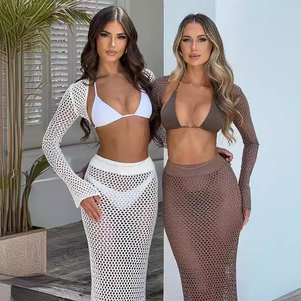 Damen gehäkeltes Strandkleid mit langem Schnitt und transparentem Design Drune