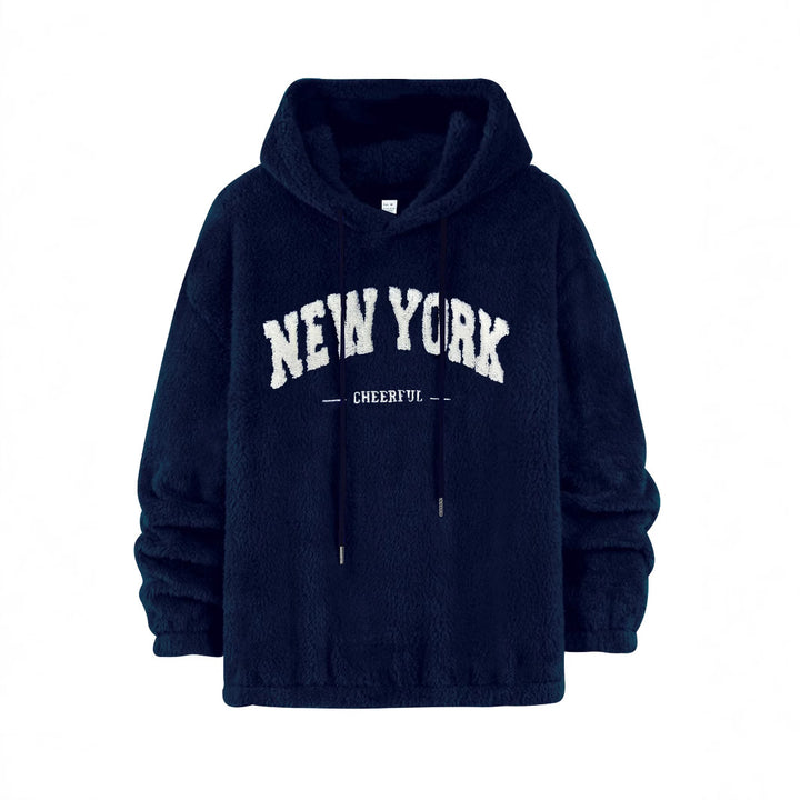 Unisex nan kuscheliger Plüsch-Hoodie mit Chenille-Logo, Kapuze und elastischem Saum Drune