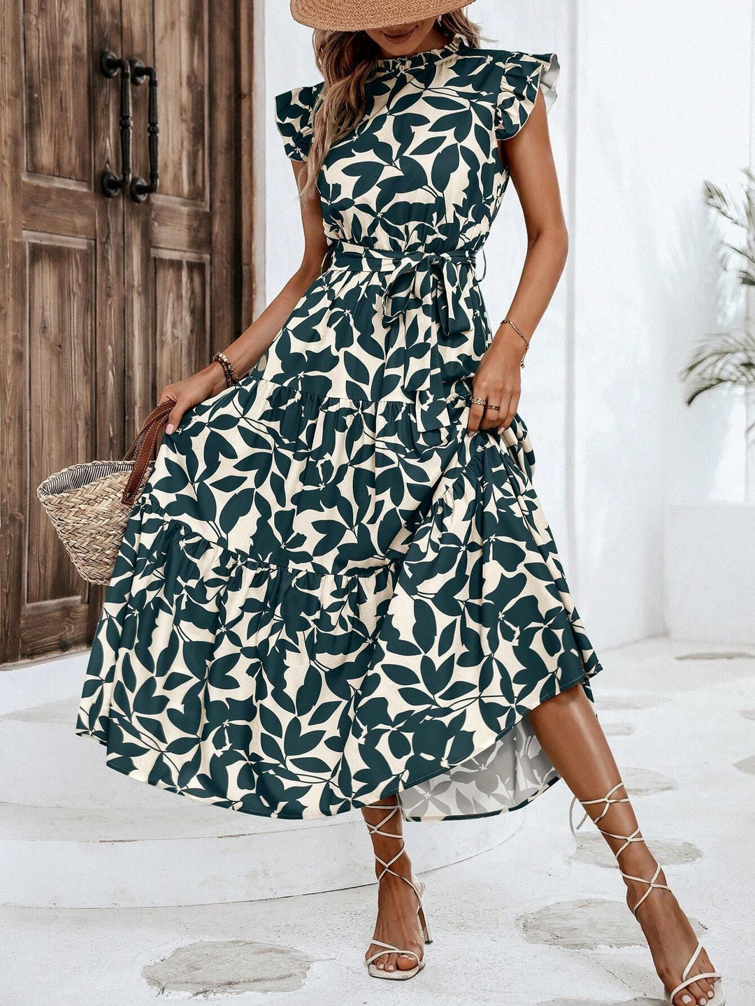Damen lässiges Midi-Kleid mit Rüschen und floralem Muster Drune