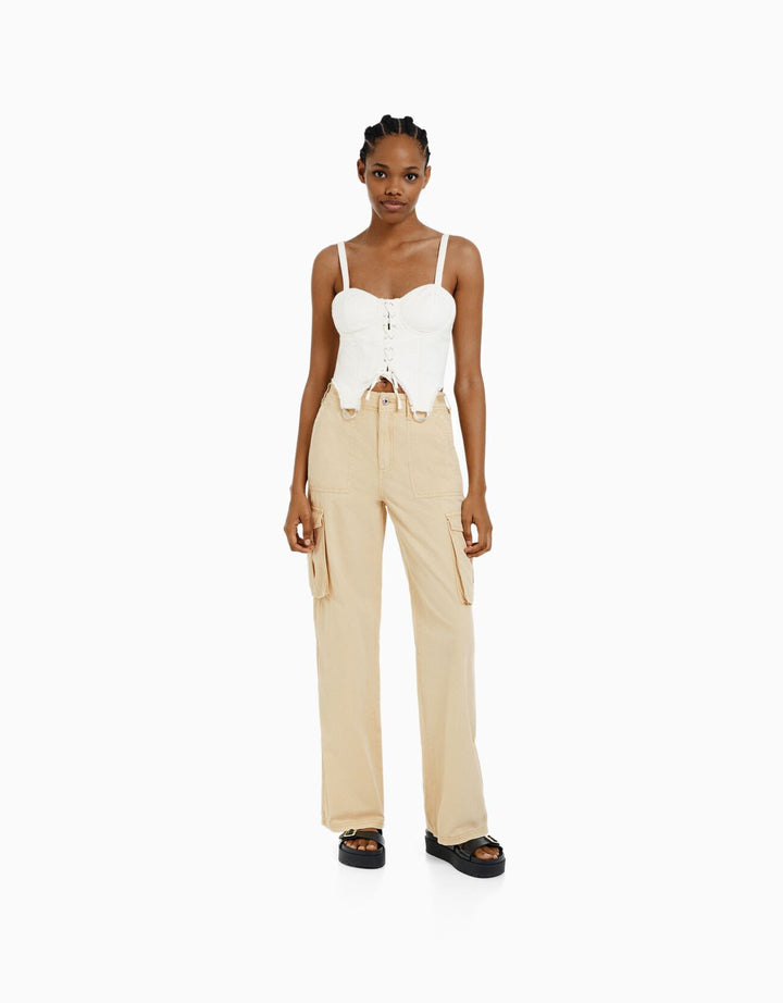 Damen nan weite High-Waist Cargo-Hose mit aufgesetzten Pattentaschen und geradem Bein Drune