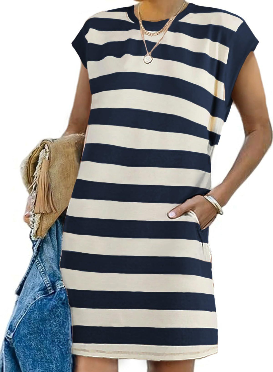 Damen Freizeit Gestreiftes T-Shirt Kleid Drune