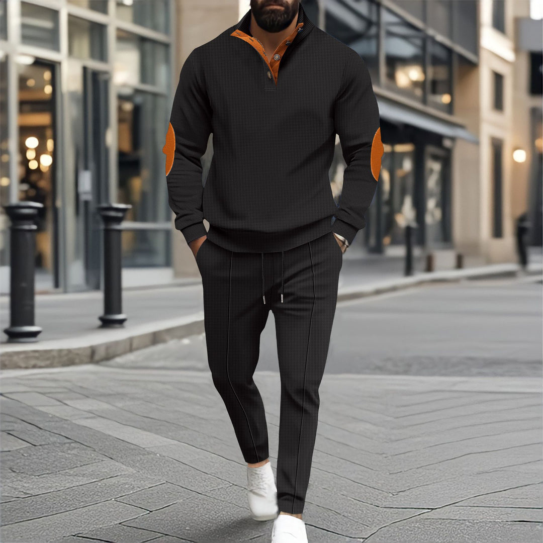 Herren nan feinstrukturiertes Halbkragen-Sweatshirt mit Knopfleiste, dekorativen Ellbogenpatches und legerem Saumabschluss Drune