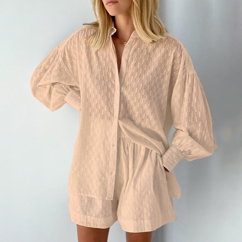 Damen modisches Kurzarm-Pyjama-Set mit strukturierter Oberflächenbeschaffenheit Drune