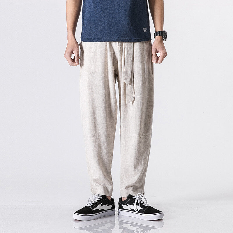 Herren nan entspannte Leinen-Baumwoll Harem-Joggerhose mit verdecktem Tunnelzug und tapered Bein Drune