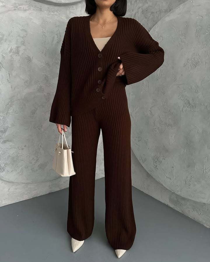 Damen lässiges Strick-Loungewear-Set mit tiefem V-Ausschnitt und langen Ärmeln Drune