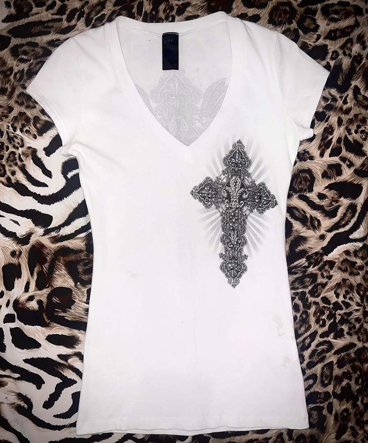 Damen V-Ausschnitt T-Shirt mit kunstvollem Kreuzdesign Drune