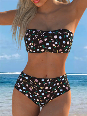 Damen Bandeau-Bikini mit floralem Muster und hohem Taillenschnitt Drune