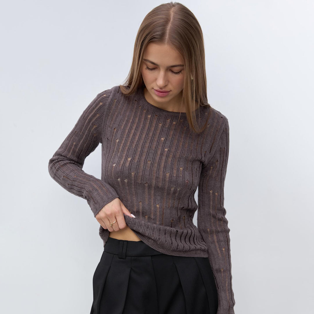 Damen eleganter Strickpullover mit raffiniertem Lochmuster und minimalistischen Details Drune