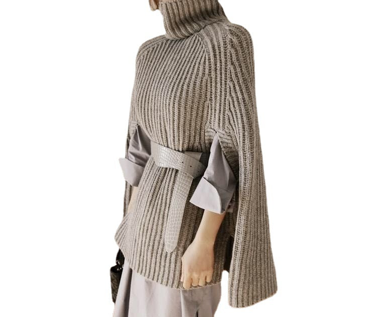 Damen Strickponcho mit hochstehendem Kragen und modischem Rippenmuster Drune