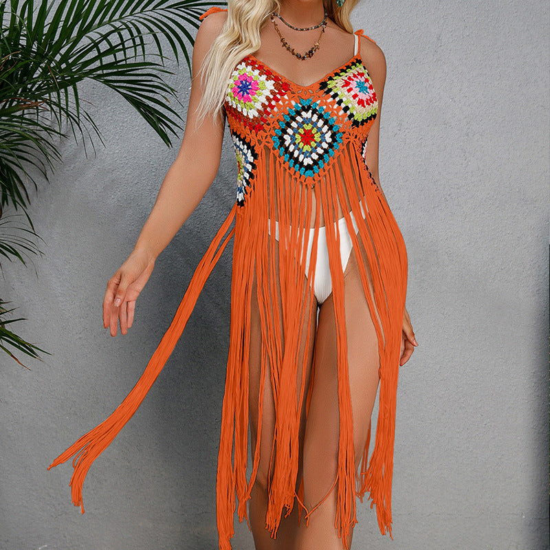 Damen Häkel-Strandüberwurf im bohemian Stil mit dekorativen Fransen Drune