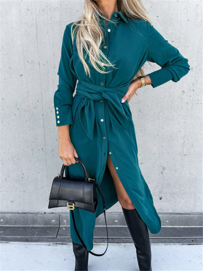 Damen Hemdblusenkleid mit asymmetrischem Saum und Taillengürtel Drune