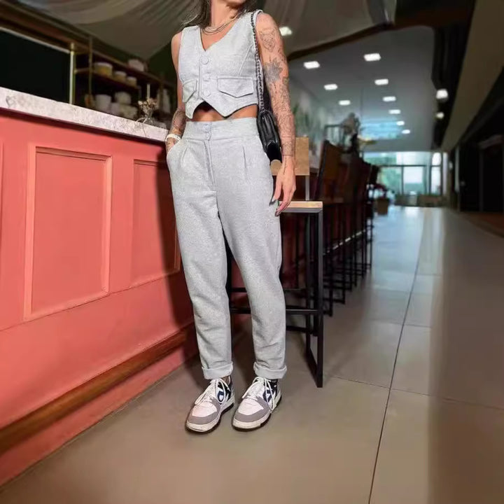 Damen Bequemes Lounge-Set mit Knopfdetails und weitem Bein Drune