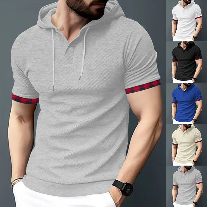 Herren nan figurbetontes Kurzarm-Kapuzenpoloshirt mit Henley-Blende und Kordelzug Drune