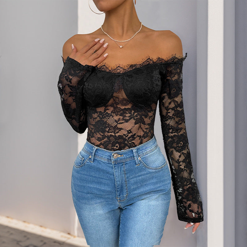Damen Spitzenbody mit Off-Shoulder-Ausschnitt und langen Ärmeln Drune