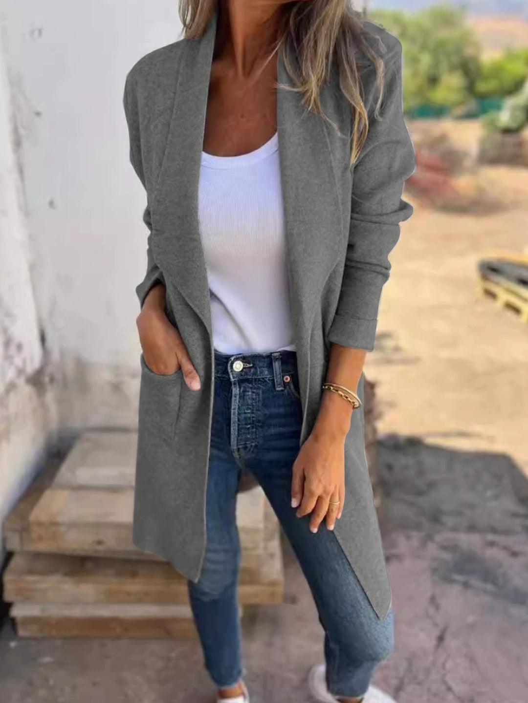 Damen Lässige Langjacke mit offenem Schnitt und praktischen Taschen Drune