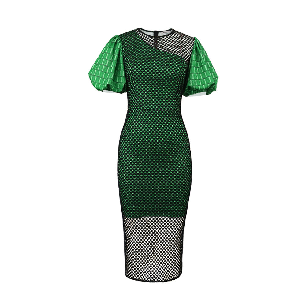 Damen figurbetontes Kleid mit innovativem Netzdesign und voluminösen Puffärmeln Drune