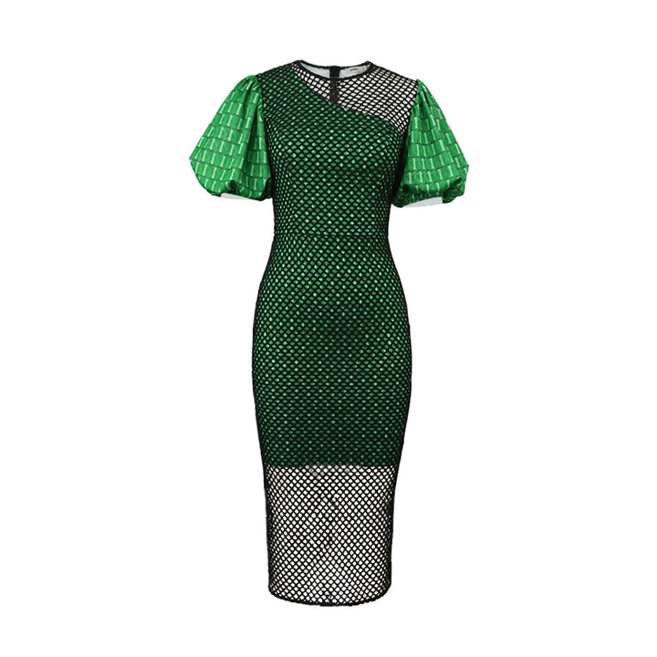Damen figurbetontes Netzkleid mit Puffärmeln Drune