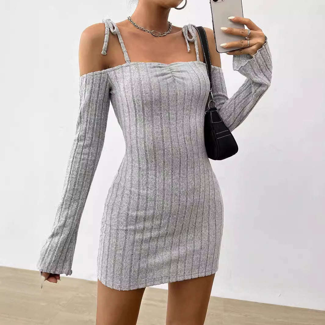 Damen Minikleid mit schulterfreiem Design und modischem Rippstrick Drune