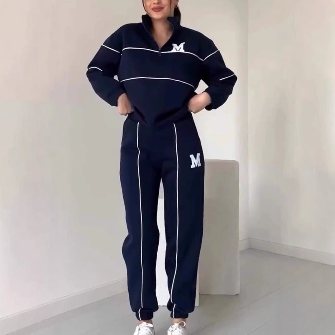 Damen sportlicher Lounge-Anzug mit hohem Kragen und elastischem Bund Drune