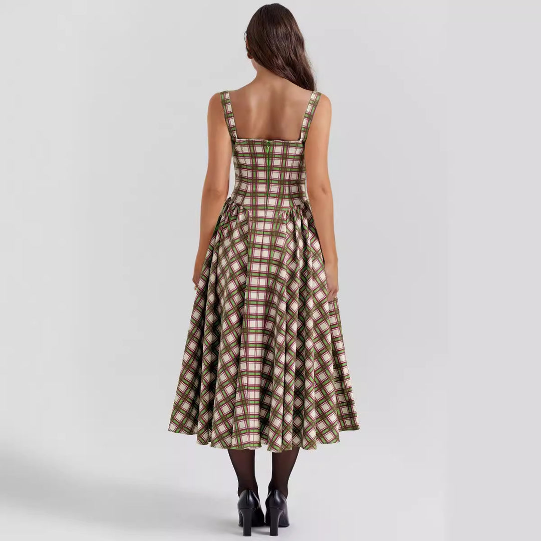 Damen Midikleid im Karomuster mit strukturiertem Oberteil und voluminösem Rock Drune