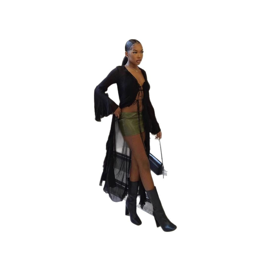 Damen Langes Strandkleid mit transparenten Ärmeln und raffinierten Schnürdetails Drune