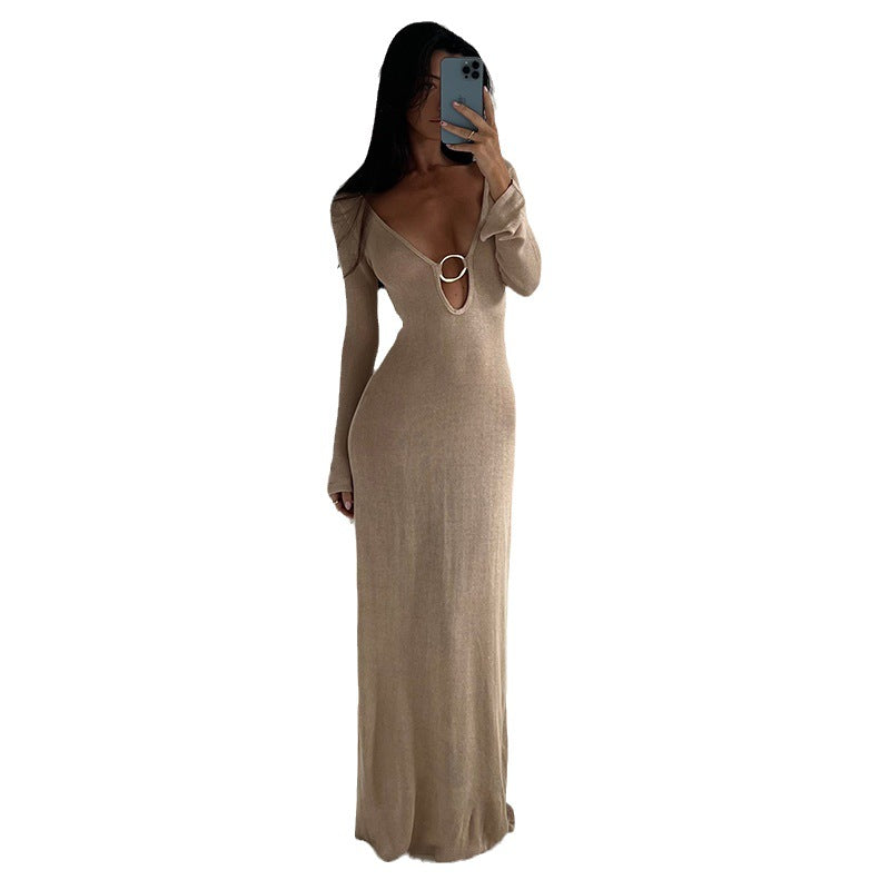 Damen Netz-Strandkleid mit tiefem V-Ausschnitt und einzigartigem Ringdetail Drune