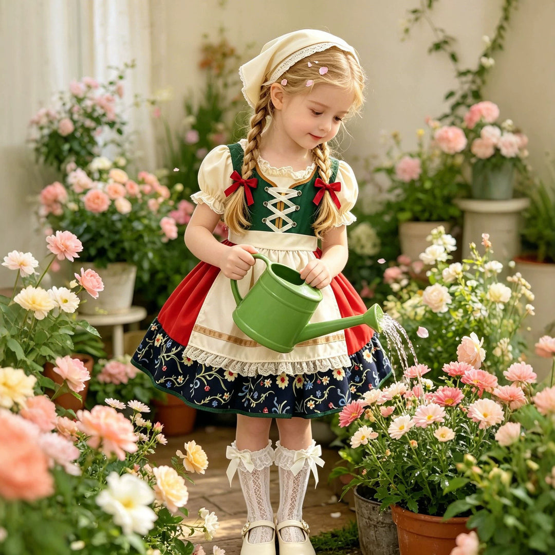 Damen nan traditionelles Kinderdirndl mit besticktem Rock und Spitzenschürze Drune