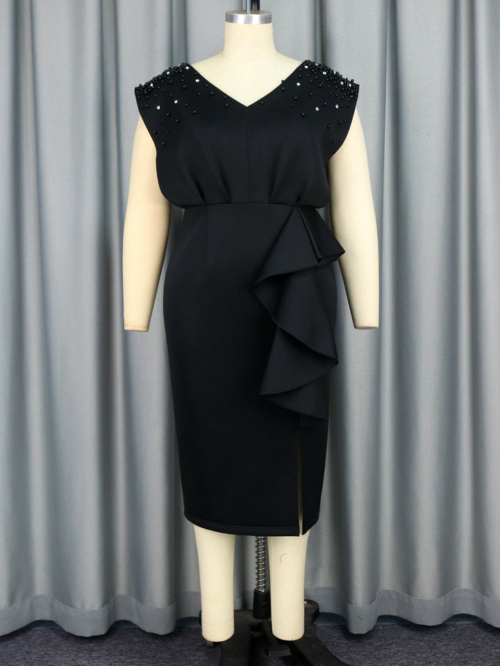 Damen elegantes Wickelkleid mit schimmernden Perlen und asymmetrischem Rüschensaum Drune