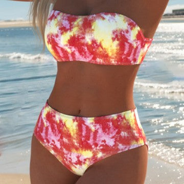 Damen Bandeau-Bikini mit High-Waist-Schnitt und modernem Batikdesign Drune