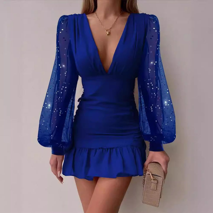 Damen Mini-Rüschendress mit V-Ausschnitt und eleganten Puffärmeln Drune