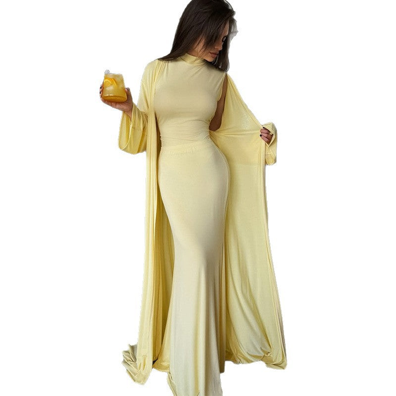 Damen elegantes Maxikleid mit weitem Cape und langen Ärmeln Drune
