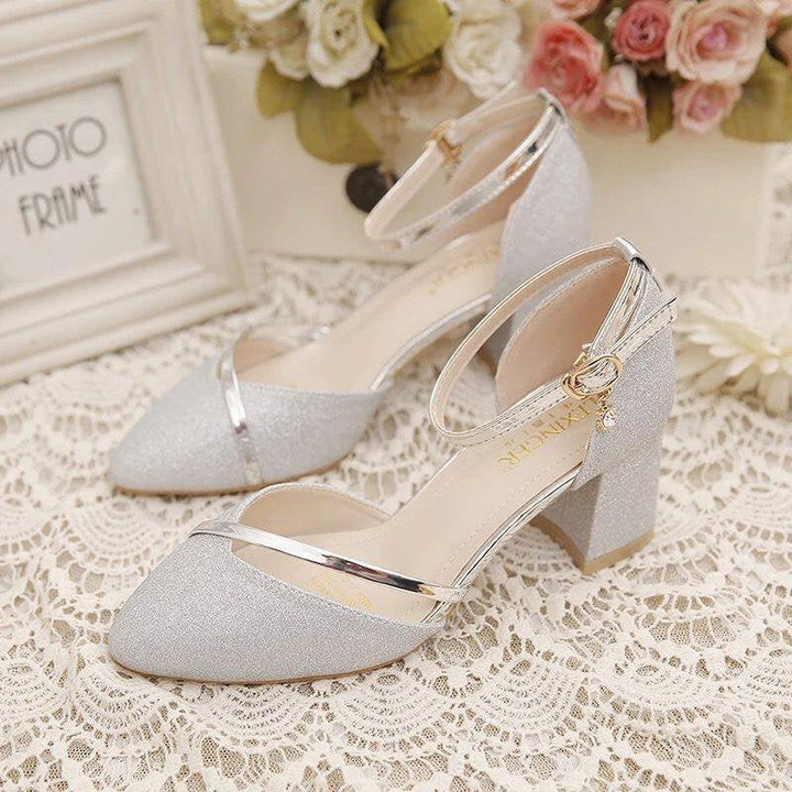 Damen elegantes Hochzeits-Absatzschuh mit glitzerndem Obermaterial und modischen Riemen Drune