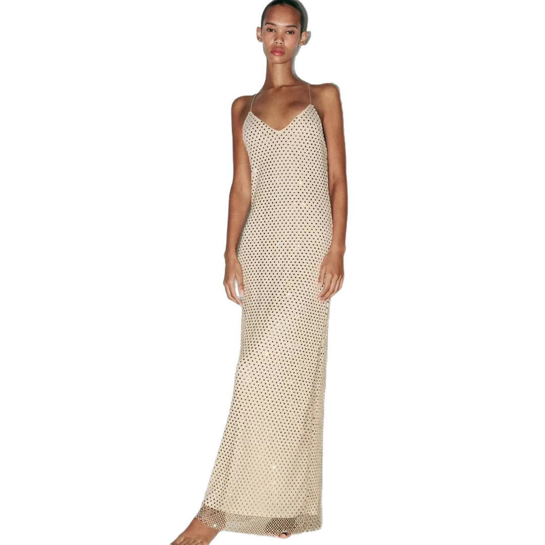 Damen Elegantes Maxikleid mit raffinierten Netzdetails und schmalen Spaghettiträgern Drune