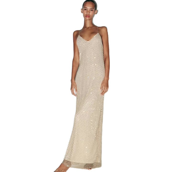 Damen Elegantes Maxikleid mit raffinierten Netzdetails und schmalen Spaghettiträgern Drune