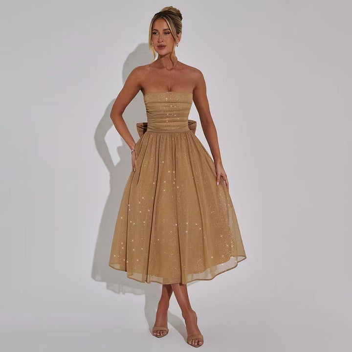 Damen Hochzeitskleid mit schimmerndem Taillenband und plissiertem Rock Drune