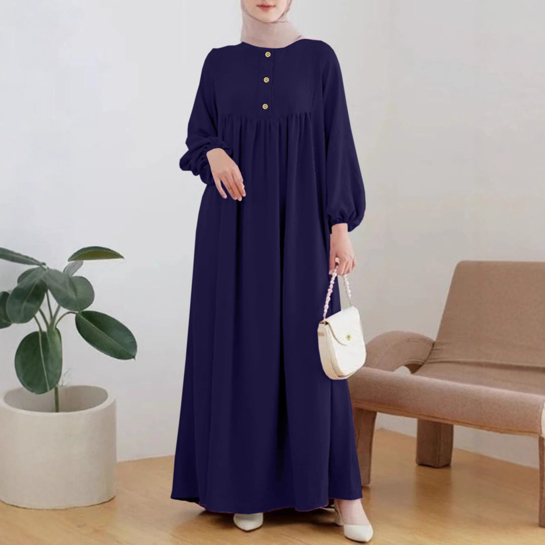 Damen luftiges Maxikleid mit bequemer Knopfleiste und eleganten Puffärmeln Drune